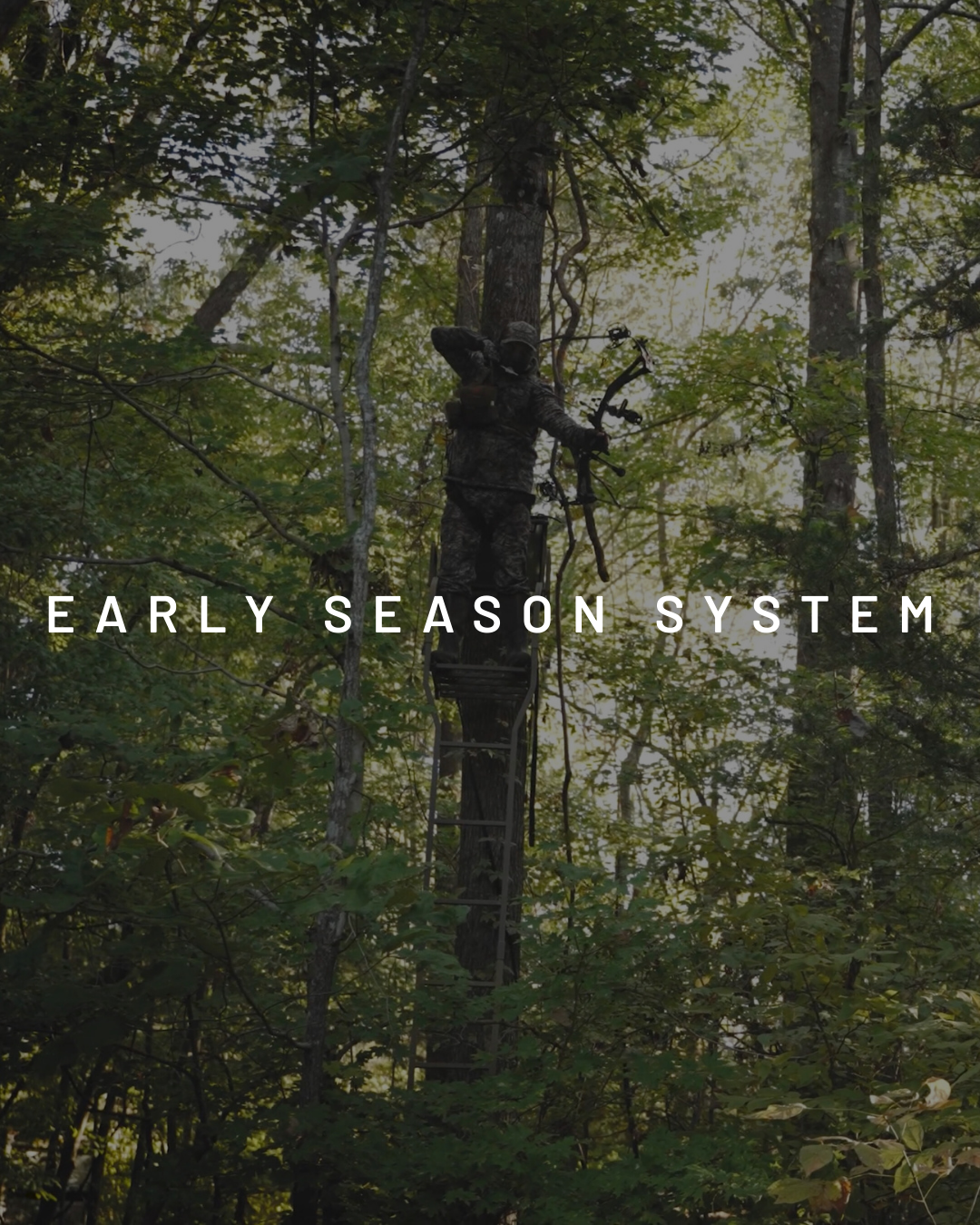 Bowhunter in treestand wearing ASIO Early Season System – lightweight camo gear built for hot weather whitetail hunts.