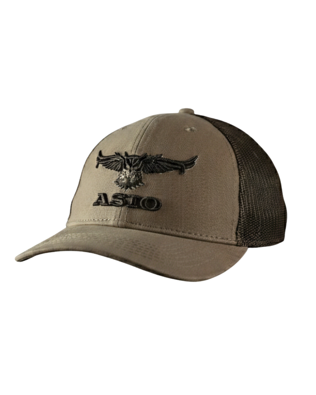 ASIO Gear Brown Trucker Hat with embroidered owl logo, mesh back, and adjustable fit