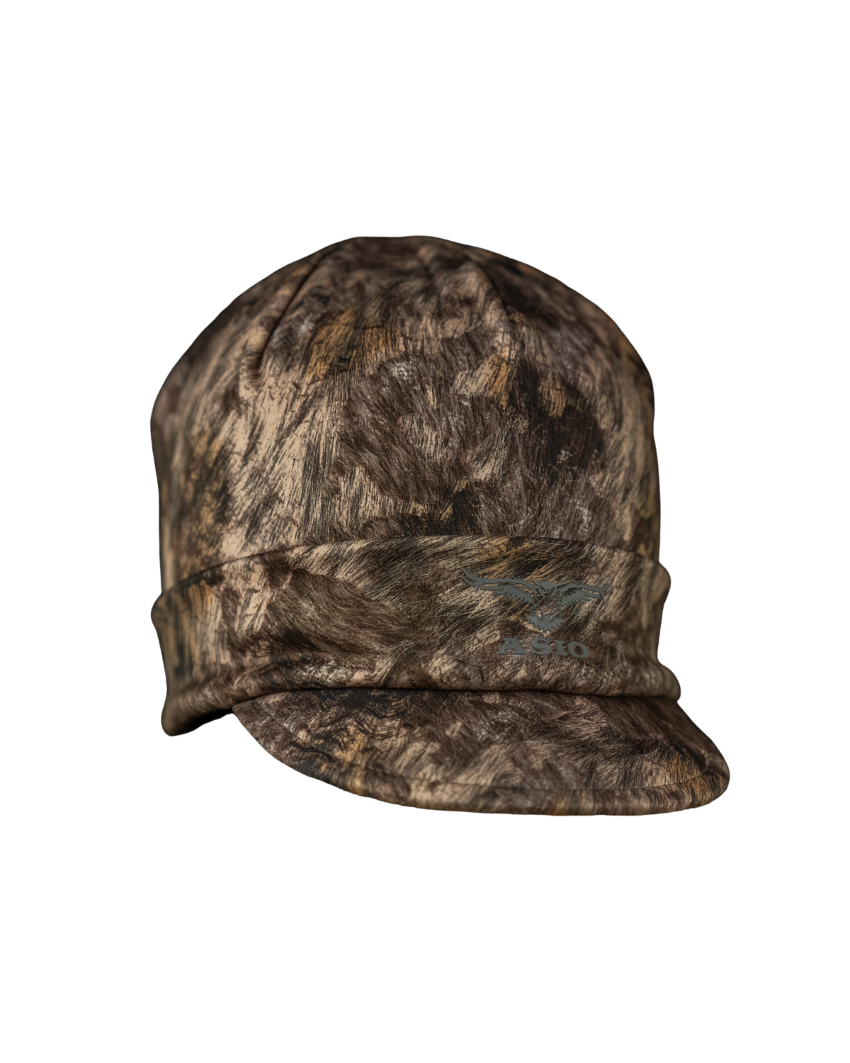 ASIO Gear billed beanie in RAPX camo – performance hunting beanie with visor built for ground-level whitetail bowhunters, featuring thermal fleece lining, fleece-lined fabric, and predator-inspired concealment for late season conditions.