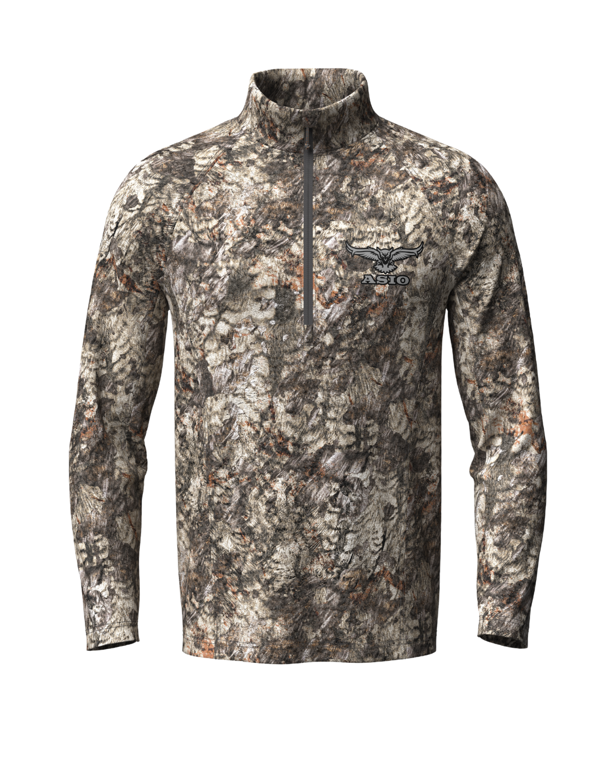 ASIO Gear midweight baselayer top in Raptor camo—quarter-zip hunting layer for cool-weather whitetail bowhunters.