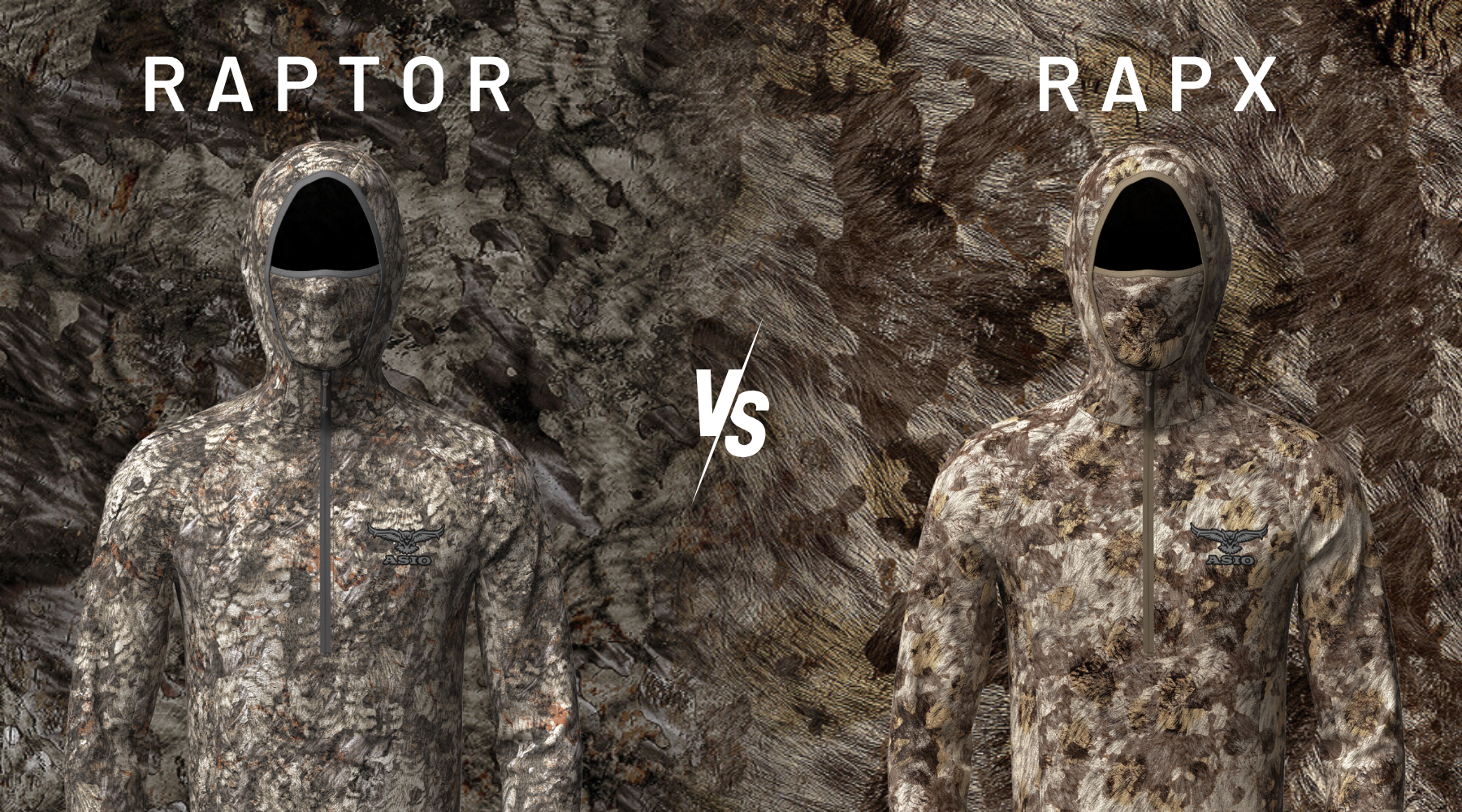 Side-by-side comparison of ASIO Gear's RAPTOR camo and RAPX camo hooded hunting tops, showcasing the difference in pattern design and background textures for treestand vs. ground versatility.