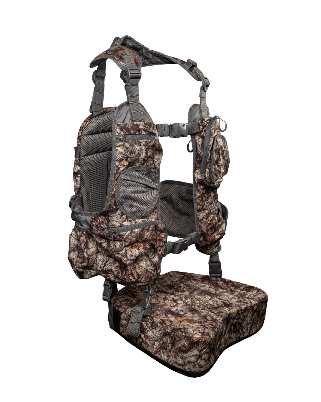 ASIO Gear Limited Edition Turkey Vest in RAPTOR camo – side profile showing adjustable straps and seat attachment