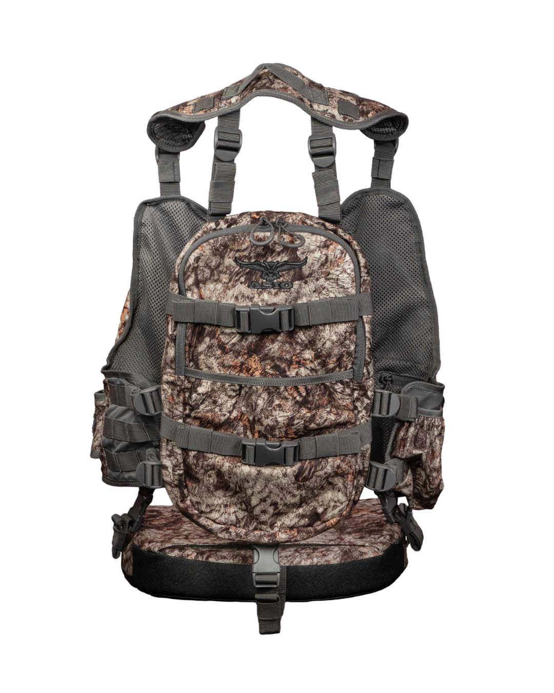 ASIO Gear Limited Edition RAPTOR camo turkey vest – back view displaying rear storage pack and compression straps