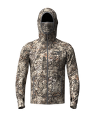 ASIO Gear hybrid hooded softshell jacket in RAPTOR camo with integrated face covering and zip front, built for mid-season bowhunting