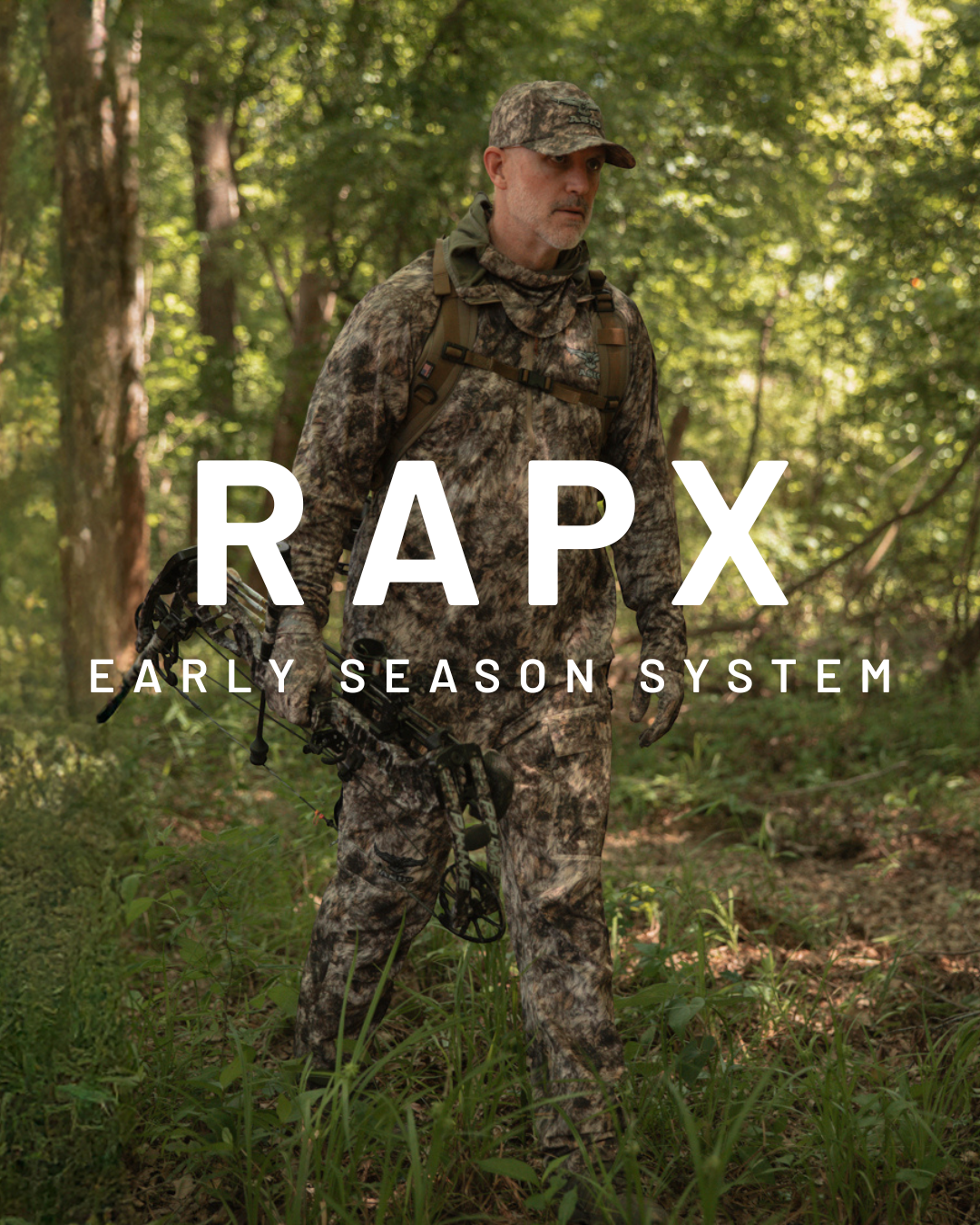 ASIO Gear RAPX camo early season hunting system with bowhunter walking through green timber