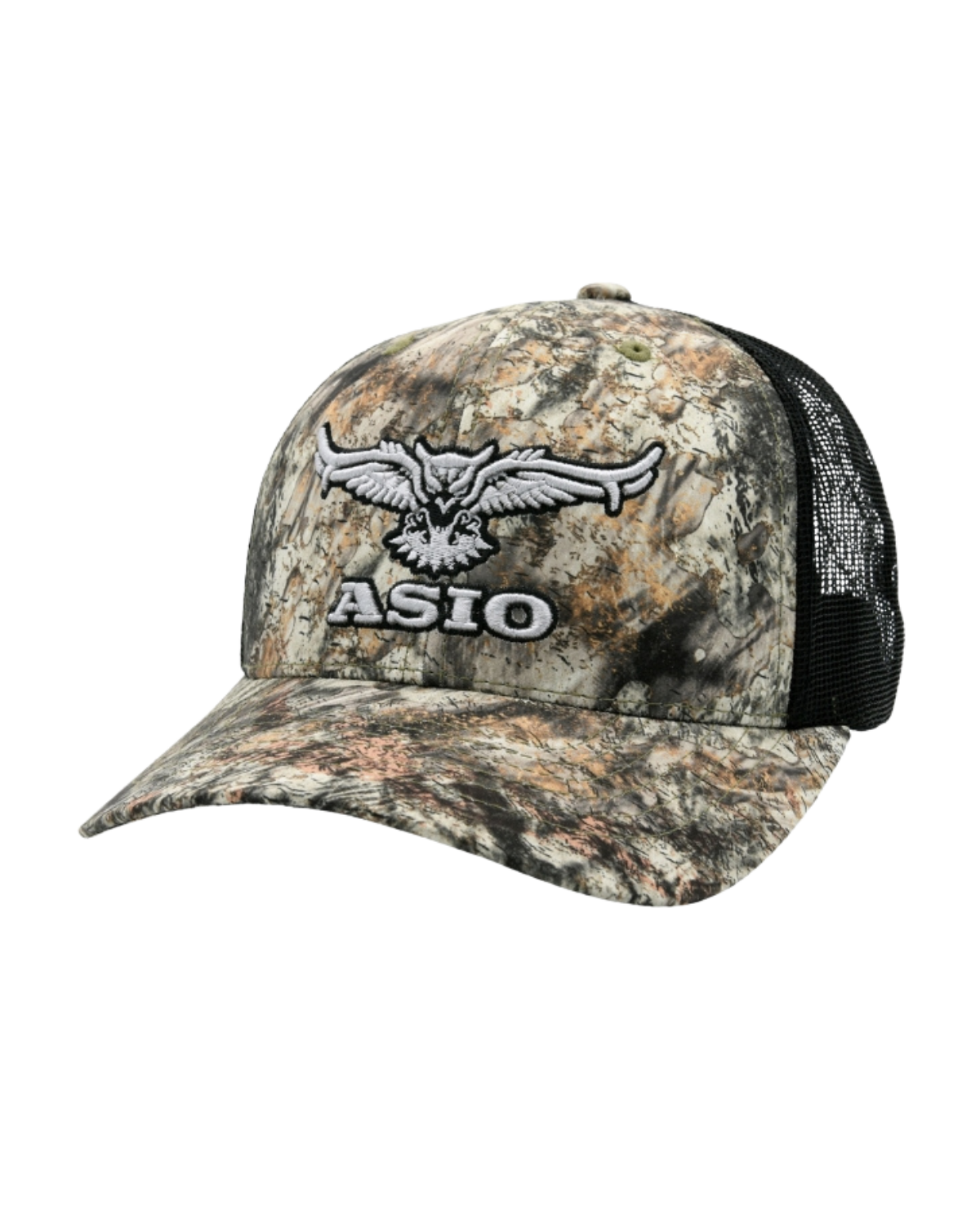 ASIO Gear trucker hat in RAPTOR camo with mesh back and structured front panel, built for bowhunters in and out of the field