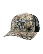 ASIO Gear trucker hat in RAPTOR camo with mesh back and structured front panel, built for bowhunters in and out of the field