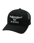 ASIO Gear black trucker hat with breathable mesh back and bold embroidered logo for everyday wear and post-hunt comfort